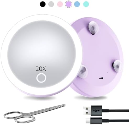 Travel Magnifying Mirror with Light 20X, 4inch Rechargeable Lighted Magnified Mirror with Suction Cups, Small Magnifying Mirror 20x High Magnification Compact Pocket Makeup Mirror with Scissors