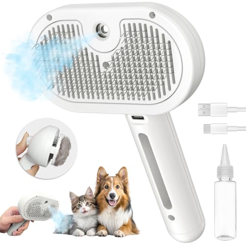 Steam Cat Brush for Shedding, 3 In 1 Steam Cat Brush Self Cleaning Dog Brush for Long and Short Hair Dogs and Cats Pet Grooming Brush Remove Tangled Loose Hair (White)