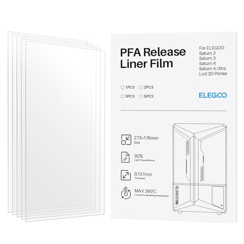 ELEGOO 5 PCS PFA Release Liner Film 2.0 for ELEGOO Saturn 4, Saturn 4 Ultra, Saturn 3, Saturn 2 and Saturn 8K Resin 3D Printer, 273 x 176 mm