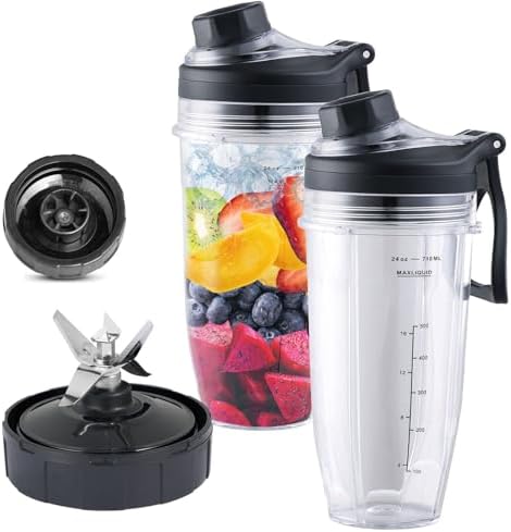 Replacement 6 Fins Female Blender Blade and 2 Cups with New handle Lids, Compatible with Ninja Auto iQ Blenders. 4Inch Female Fins ONLY