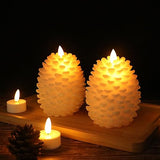 Wondise Pine Cone Flameless Flickering Candles with Remote and Timer, Set of 2 Battery Operated LED Candles Real Wax Christmas Home Decoration Candle(3.5 x 4.7 Inches, White)