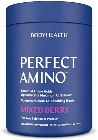BodyHealth PerfectAmino Powder - BCAA and EAA Powder for Pre and Post Workout - Amino Acid Energy Drink for Men and Women to Support Lean Muscle and Recovery - Mixed Berry - 120 Servings