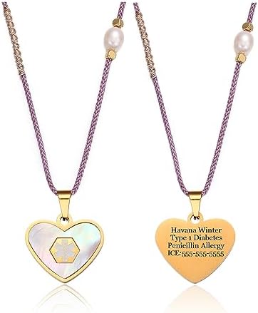 Medical Alert Necklace for Women Shell & Gold-Tone Stainless Steel Emergency ID Tag Pendant Necklace for Girls Custom Engraved Medical Alert Jewelry