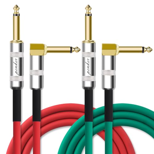 2 Pack Guitar Instrument Cable 10FT,Right Angle to Straight AMP Cord,Gold Plated 6.35mm Guitar Cord,1 Meter for Guitar Bass Keyboard Effector Microphone Mixer,Green&Red