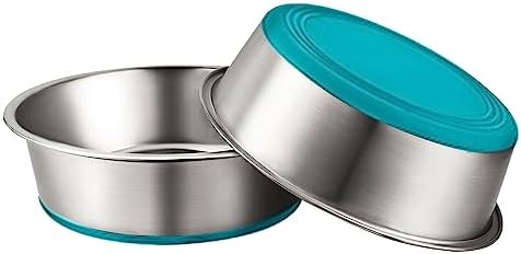 URBUDDIES 2 Pack Stainless Steel Dog Bowls, 4 Cup, Turquoise Bottom