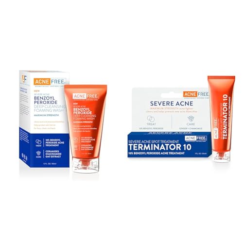 AcneFree Severe Acne 10% Benzoyl Peroxide Foaming Cleansing Wash, 5 Ounce & Terminator 10 Acne Spot Treatment with Benzoyl Peroxide 10% Maximum Strength Acne Cream Treatment, 1 Ounce Bundle