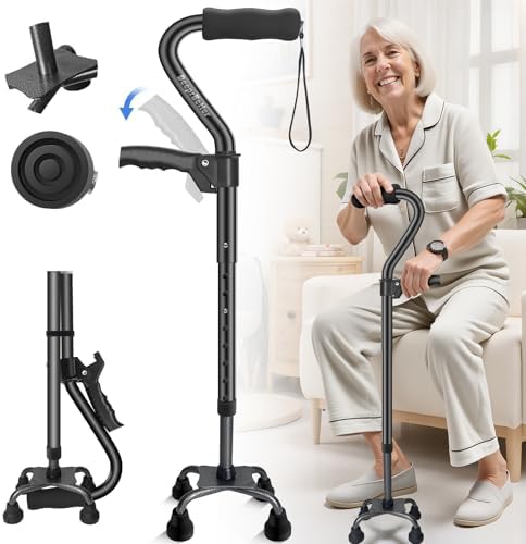 Quad Cane, 4 Prong Walking Cane for Men & Women, Heavy Duty| Adjustable Walking Canes for Seniors Balance, Self Standing Cane with Ergonomic Handle(330lb)