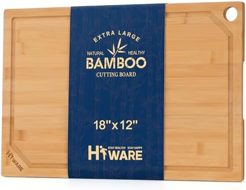 Hiware Extra Large Bamboo Cutting Board for Kitchen, Heavy Duty Wood Cutting Board with Juice Groove, 100% Organic Bamboo, Pre Oiled, 18" x 12"