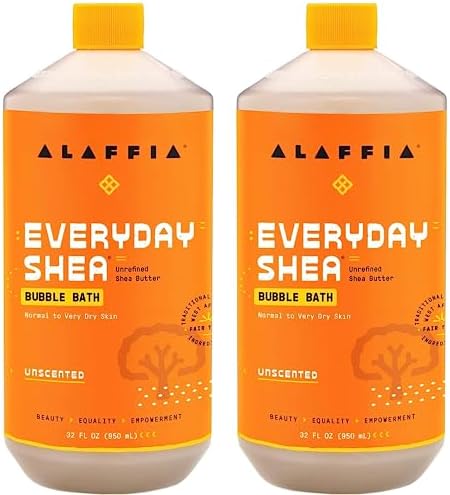 Alaffia Everyday Shea Bubble Bath, Cleanse, Soothe & Moisturize Skin, Made with Fair Trade Shea Butter, Cruelty Free, No Parabens, Vegan, Unscented, 2 Pack – 32 Fl Oz Ea
