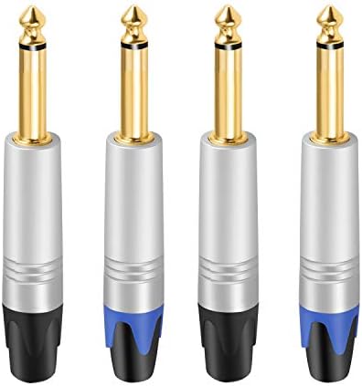 Devinal 1/4 inch Mono Plugs, Replacement 6.35mm TS Solder Type DIY Audio Connector, Heavy Duty Quarter Inch Adapter 24K Gold-Planted for Repair Guitar Cables, Instrument Cord (4 Pack)