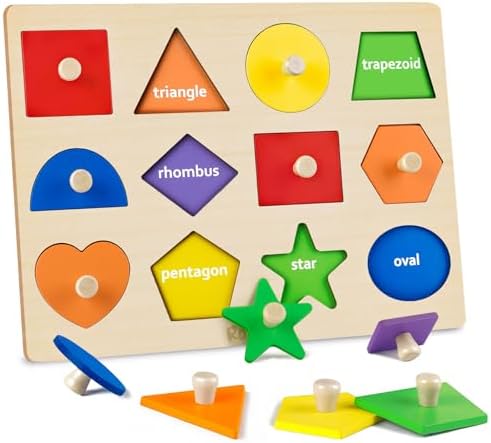 Roberly Shape Wooden Puzzles for Toddlers 1-3, Montessori Toys Peg Puzzle Geometric Color Matching Board for Girls Boys 12-18-24 Months Preschool Learning Educational Toys Birthday Gifts for Kids