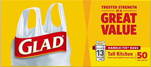 Glad Trash Bags, Tall Kitchen Handle-Tie Garbage Bags - 13 Gallon White Trash Bag - 50 Count (Package May Vary)