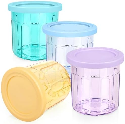 Creami Pints and Lids for Ninja - 4 Pack, Containers Replacement for Ninja Creami, 16oz Creamer Storage Containers Cups Jars Canisters Set Compatible with NC299AMZ & NC300s Series Ice Cream Maker
