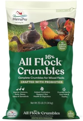 Manna Pro All Flock Crumbles | 16% Protein Level | Complete Feed for Chickens, Ducks, Geese, Turkeys and Gamebirds | Probiotics to Support Digestion | Crumbled Form for Easy Feeding | 25 Pounds