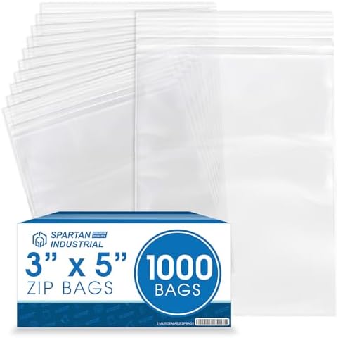 Spartan Industrial - 3” X 5” (1000 Count) 2 Mil Clear Reclosable Zip Plastic Poly Bags with Resealable Lock Seal Zipper