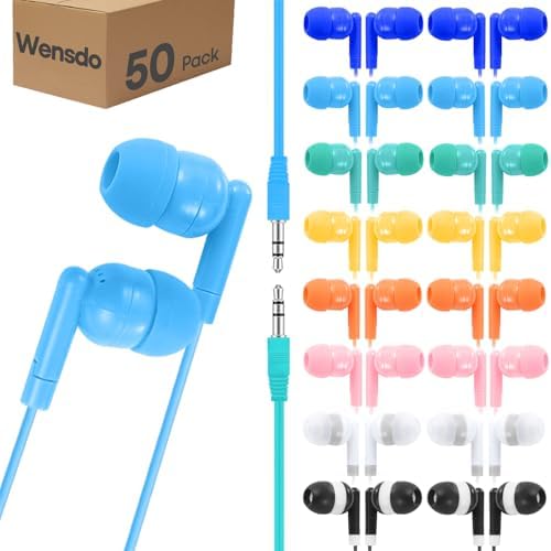 50 Pack Bulk Kids Earbuds for School Classroom Library, Student Wired Earphones with 3.5 mm Jack Multi Colored Earphones for Computer Chromebook Laptop PC (HY01,50 Mixed)