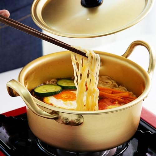 Korean Ramen Noodle Pot, Double Handle Design Yellow Aluminum Alloy Stockpot, Universal Instant Noodles Pot for Cooking on Stove Open Flame and Electric Ceramic Stoves (16cm)