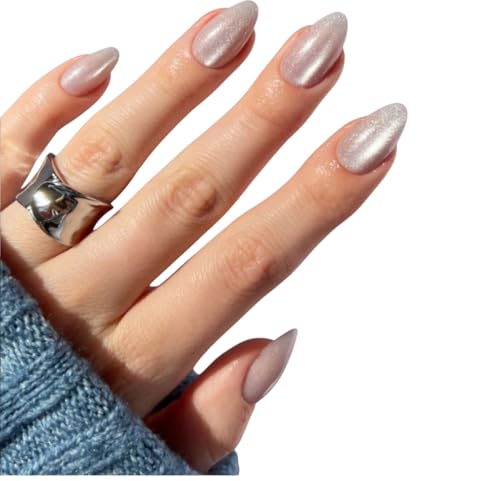 Glamnetic Press On Nails - Selenite | Soft White Sparkle Short Almond Fake Nails with a Glossy Finish, Reusable | 15 Sizes - 30 Nail Kit with Glue