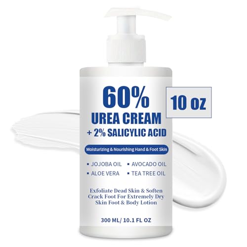 Urea Cream 60% plus 2% Salicylic Acid for Feet Maximum Strength - Lotion For Dry & Cracked Feet Elbows Knees Heels Hands, Hydrates Foot Care for Softening, Callus Remover 10.1oz (60%, 300ml)
