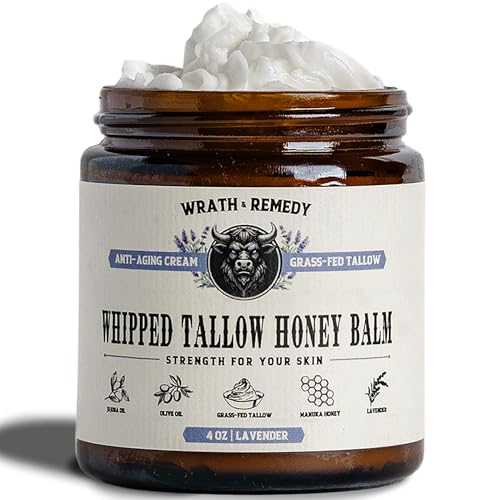 Wrath & Remedy Handmade Whipped Organic Beef Tallow for Skin - 4 OZ (Lavender) — Grass Fed Beef Tallow Moisturizer and Honey Balm for Silky, Sensitive-Skin, Eczema, Rosacea - Free of Harsh Chemicals