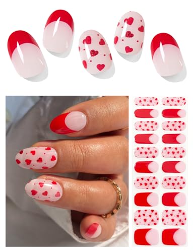 Semi Cured Gel Nail Strips (Red Love)-20 PCS Valentine's Day Gel Nail Stickers | Gel Nail Wraps | UV Light Required, Salon Quality & Easy to Use