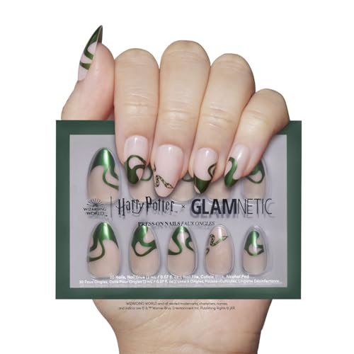 Harry Potter™ x Glamnetic Press On Nails - Parseltongue™ | Green Snake Graphic French Tip Short Almond False Nails, Reusable Stick On Fake Nails with Glue | Salon Quality | 15 Sizes - 30 Nail Kit