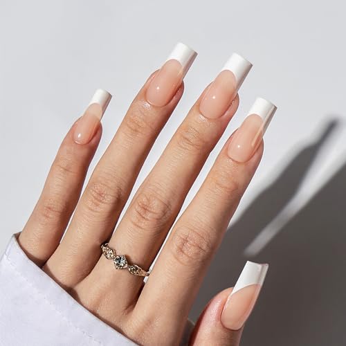 BTArtbox Press On Nails Long - White French Tip Press On Nails Square, Fake Nail with Nail Glue, Natural Reusable Stick On Nails in 15 Sizes - 30 Fake Nails Kit