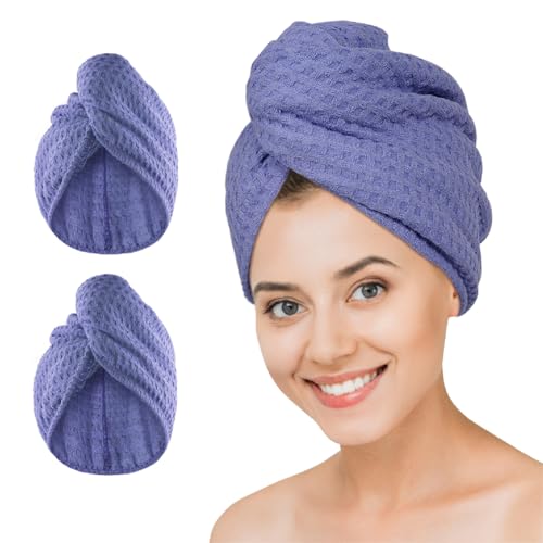Microfiber Hair Drying Towel - 2Packs Waffle Long Hair Head Turban Wraps Terry Cloth Fast Absorbent Dry Anti Frizz Twist Plopping Curly Shower Turban for Women Wet Hair (Purple)