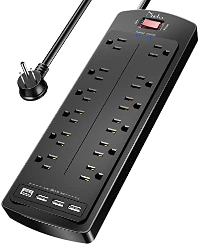 Power Strip, Nuetsa Surge Protector with 12 Outlets and 4 USB Ports, 6 Feet Flat Plug Extension Cord (1875W/15A) for for Home, Office, Dorm Essentials, 2700 Joules, ETL Listed (Black)