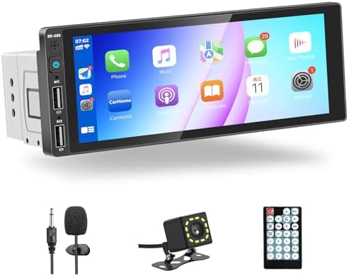 Single Din Apple Carplay & Android Auto,6.9 Inch Car Radio Touchscreen with Backup Camera,Car Stereo with Bluetooth Handsfree Support Mirror Link,Microphone,AM/FM/USB/EQ