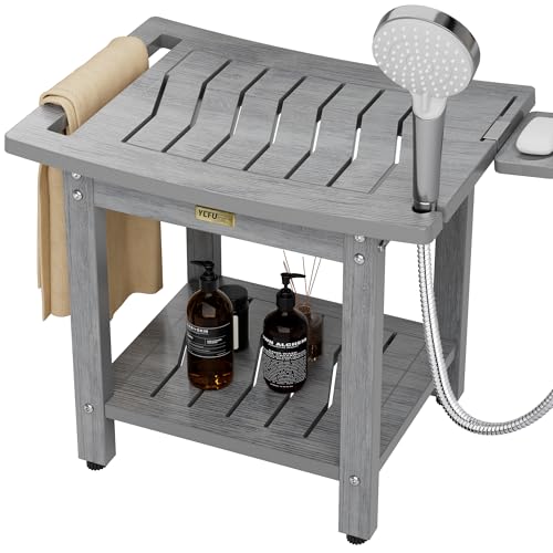 YEFU Shower Chair for Inside Shower: 21 Inch Oversized Waterproof/No Maintenance - Shower Stool with Shelf & Handle 400 LBS - Bathrooms/Outdoor - Non-Slip Easy Assemble Bench for Adult/Elderly/Grey