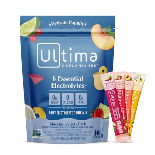Ultima Replenisher Daily Electrolyte Powder Drink Mix – Mocktini Variety, 16 Stickpacks – Hydration Packets with 6 Key Electrolytes and Trace Minerals – Keto Friendly, Non-GMO and Sugar-Free