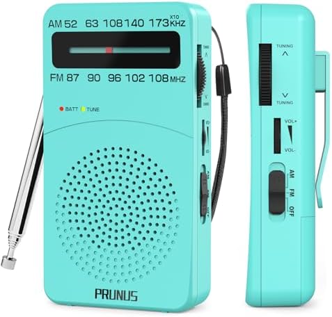 PRUNUS J-166 Portable Radio AM FM, Battery Operated Radio with Tuning Light, Back Clip, Excellent Reception, AM FM Radio Portable, Transistor Radio