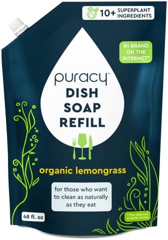 Puracy Natural Dish Soap Refill - Skin-Softening Plant-Based Liquid Dishwashing Detergent Soap, Clean-Rinsing Water-Sheeting Formula (Organic Lemongrass, 48 fl oz)