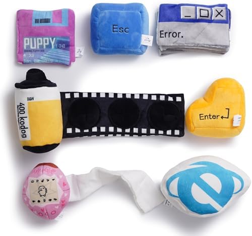 Nocciola Funny Squeaky Dog Toys, Old Tech Themed Stuffed Plush Puppy Toy Set with Hidden Treat Pockets, Cute Crinkle Chew Toys for Small Medium Large Breed, Boy Dog Birthday Gifts, 7 Packs