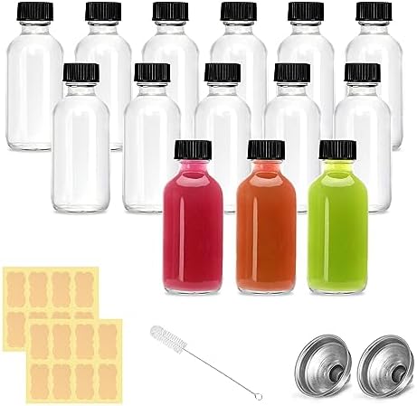 2oz Small Clear Glass Bottles with Lids - 14 Pack Shot Bottles with Caps for Ginger Shots, Juice, Potion, Liquids, Whiskey - Mini Travel Bottles with Funnels, Stickers and Brush (14Pack-Clear)