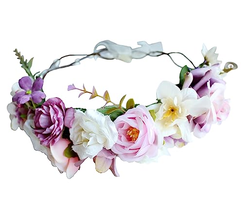 Vivivalue Women Flower Crown Rose Floral Headband Hair Wreath Flower Headpiece Halo Boho with Ribbon Wedding Party Festival Photos