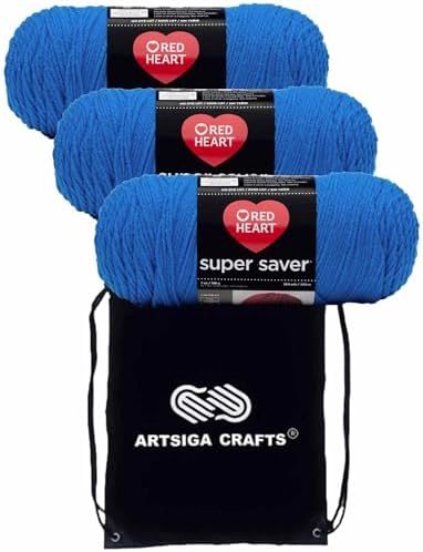 Red Heart Super Saver Blue E300-886 (3-Skeins - Same Dye Lot) Worsted Medium #4 Acrylic Yarn for Crocheting and Knitting with Project Bag