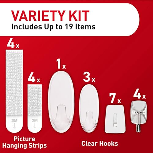 Command Clear Variety Pack, Including 8 Pairs of Picture Hanging Strips, 4 Clear Wire Hooks and 11 Wall Hooks for Hanging Home Decor, Damage Free Hanging Up to 19 Items with Command Strips