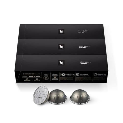 Nespresso Capsules Vertuo, Fortado Gran Lungo Americano, Dark Roast Espresso Coffee, 30 Count Coffee Pods, Brews 5.0oz.