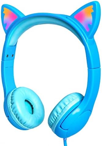 Kids Headphones with Microphone, Girls Headphone Cat Ears LED Light Up Safe Volume Limited 85dB for Children Wired On Ear Toddler Earphones for iPad/Tablet/Online/School/Travel - Blue