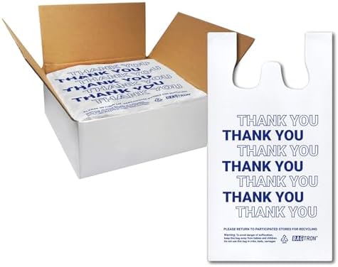 Bagtron Thank You T-Shirt Carry-Out Bags, Disposable Plastic Bags with Handles for Shopping and Restaurant, 1/5 Barrel, 0.75 Mils, White/Blue, 13" x 8" x 23" Large, 500 Count