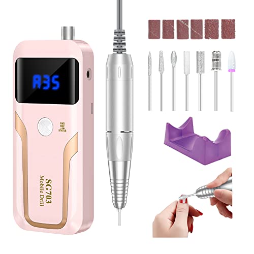 Portable Nail Drill Professional 35000 RPM, MOCOWIND Rechargeable Electric Nail File Machine E File for Acrylic Nails Gel Polishing Removing, Cordless E-file with Bits Kit for Manicure Salon Home,Pink