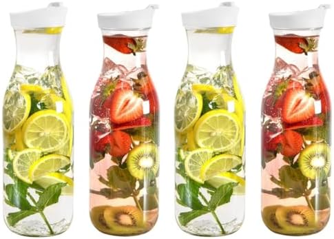 DilaBee Plastic Water Pitcher With Lid Round Carafe Pitchers for drinks, Milk, Smoothie, Iced Tea, Mimosa Bar - BPA-Free - Not Dishwasher Safe (4-Pack, 50 Ounce)