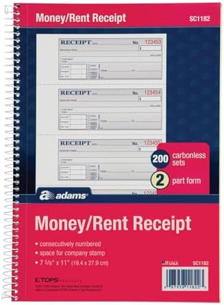 Adams Money and Rent Receipt Book, 2-Part Carbonless, 7-5/8" x 11", Spiral Bound, 200 Sets per Book, 4 Receipts per Page (SC1182), White/Canary