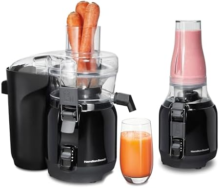 Hamilton Beach Juice & Blend 2-in-1 Juicer Machine and 20 oz. Blender, Big Mouth Large 3” Feed Chute for Whole Fruits and Vegetables, Easy to Clean, Centrifugal Extractor, 800W Motor, Black (67970)