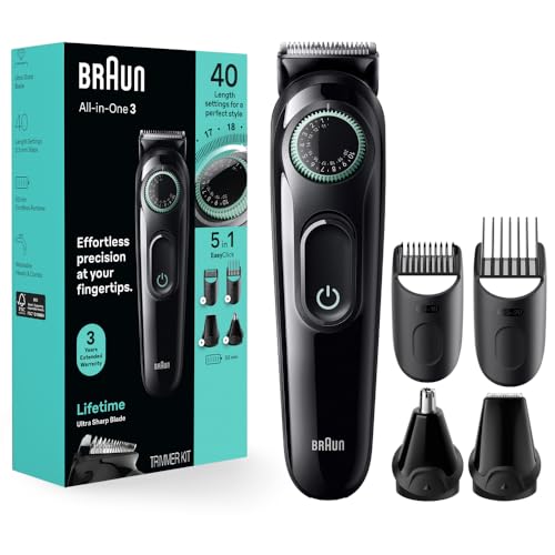 Braun All-In-One Style Kit Series 3 3450, 5-in-1 Trimmer for Men with Beard Trimmer, Ear & Nose Trimmer, Hair Clippers & More, Ultra-Sharp Blade, 40 Length Settings and Washable