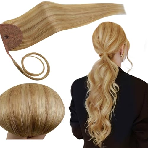 RUNATURE 20 Inch Ponytail Hair Extension Human Hair Light Blonde Highlight Golden Blonde Real Hair Ponytail Extension Human Hair Full Ends Straight Ponytail Human Hair Extension Silky Hairpiece 80g
