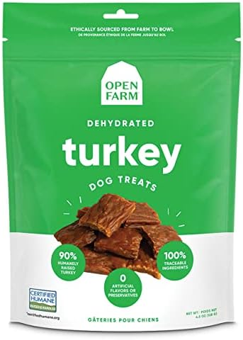 Open Farm, Dehydrated Dog Treats, High Protein & Low Carbohydrate Dog Snacks, Chewy Texture, Made with Ethically & Sustainably Sourced Ingredients, Turkey Recipe, 4.5oz Pouch