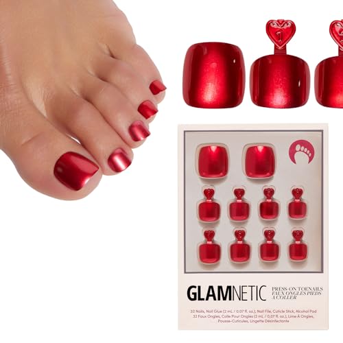 Glamnetic Press On Toenails - Cherry Glaze | Bright Red Fake Toe Nails with a Glazed Finish | 16 Sizes - 32 Toe Nail Kit with Glue